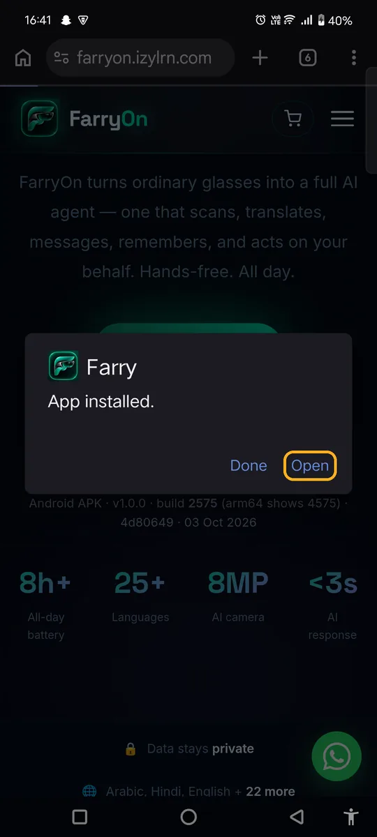 App installed dialog with Open button