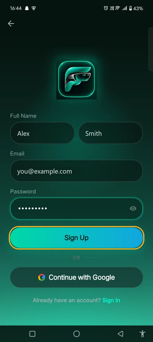 Create account form filled in