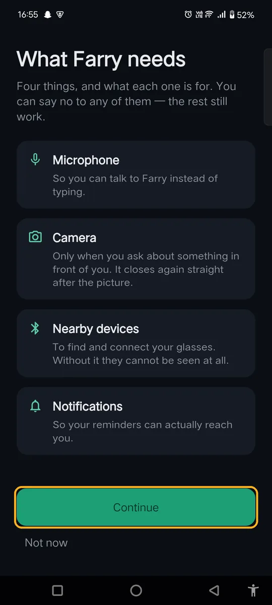 What Farry needs screen listing four permissions