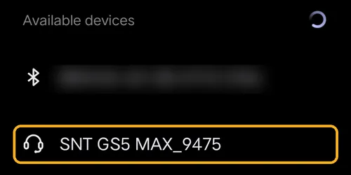 Phone Bluetooth list showing SNT GS5 MAX under Available devices