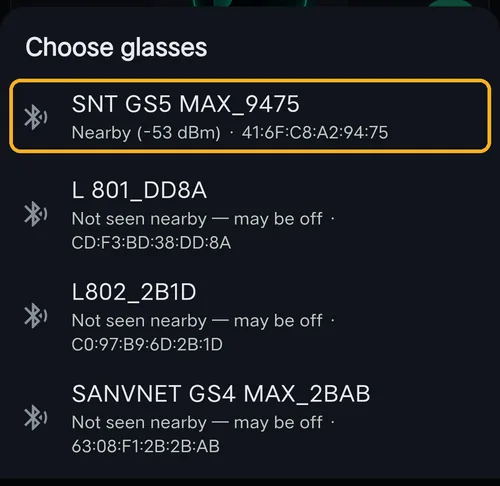 Choose glasses list with SNT GS5 MAX marked Nearby