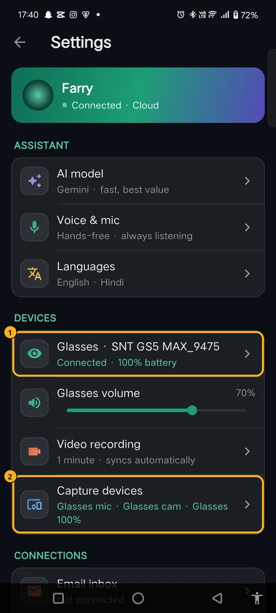 Settings, Devices section with Glasses and Capture devices marked