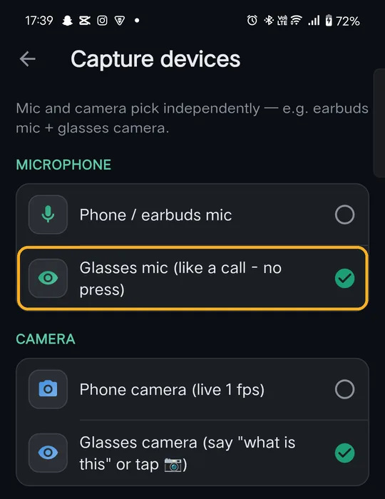 Capture devices with Glasses mic selected