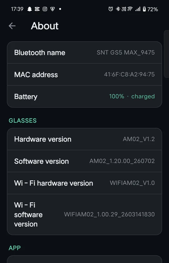 About page with Bluetooth name, battery and versions