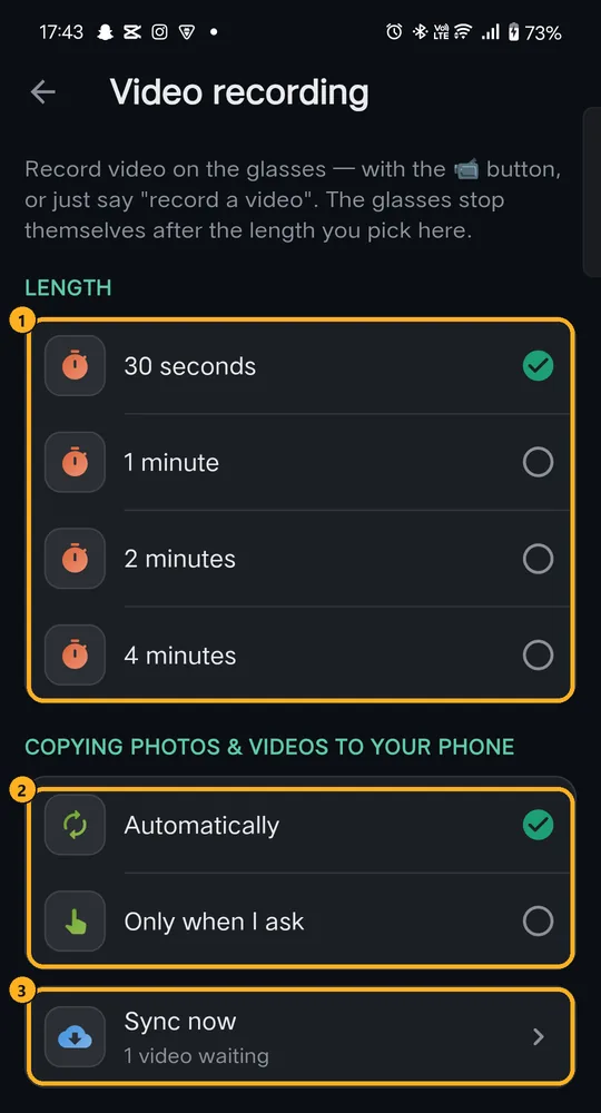 Video recording settings with three numbered areas