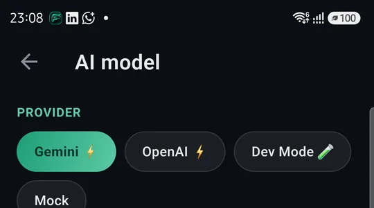 AI model: Gemini, OpenAI, Dev Mode, Mock