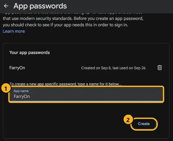 Google App passwords page with App name and Create marked