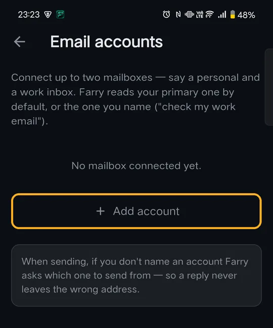 Email accounts page with Add account marked
