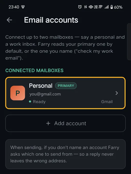 Email accounts with Personal, Primary, Ready