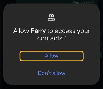 Allow Farry to access your contacts? with Allow marked