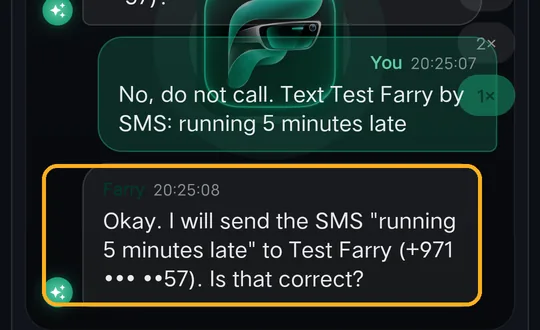 Farry reads back the SMS and asks to confirm