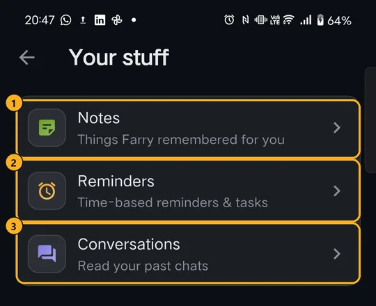 Your stuff: Notes, Reminders, Conversations