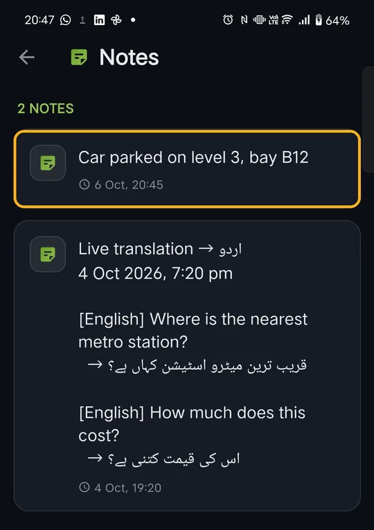 Notes list with the parking note marked