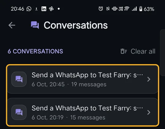 Conversations list with two saved chats