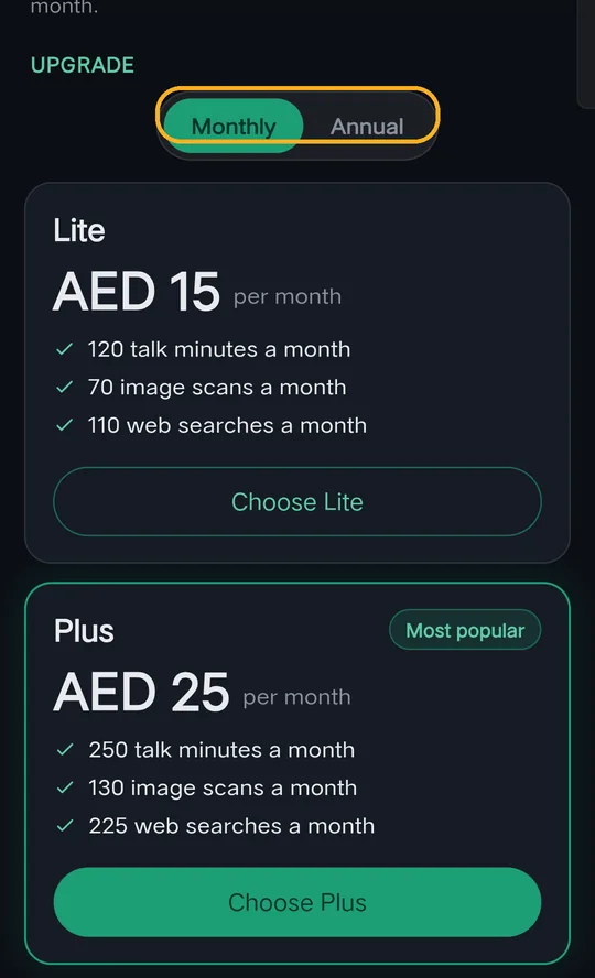 Monthly plans: Lite AED 15, Plus AED 25