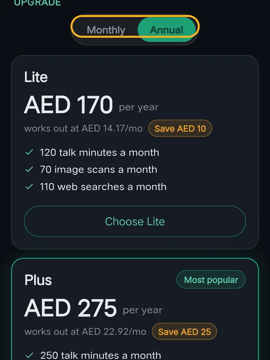 Annual plans with the saving shown